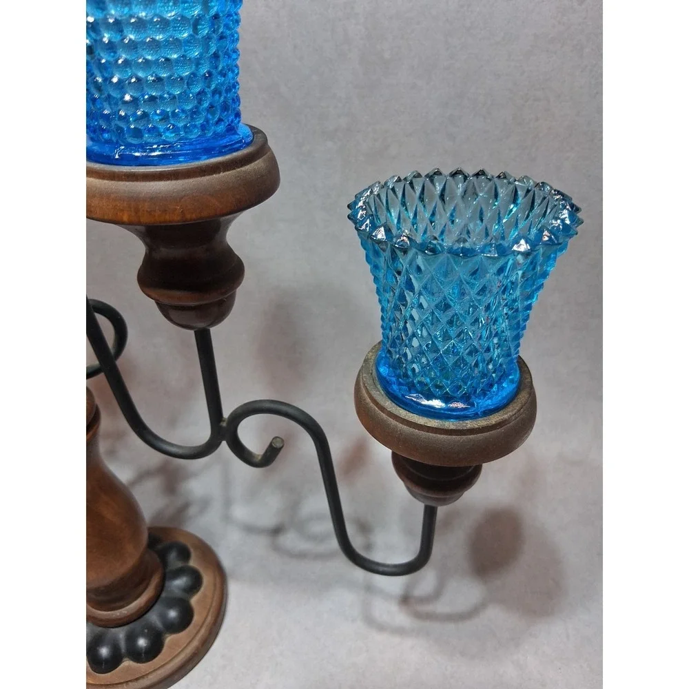 VTG Homco 5 Arm Metal Wood Candelabra With Teal Glass Votive Cups